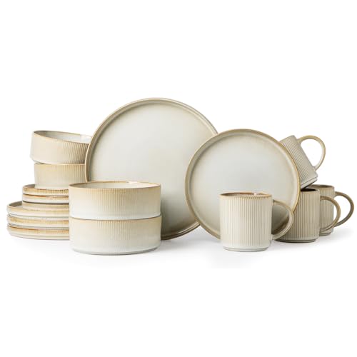 MONITO Ceramic Dinnerware 16 Pieces Bonbon Beige Dinner Set,Plates Pasta Bowls Cereal Bowls Reactive Change Glaze Dish Sets, Modern Stoneware Dishes,Gift.