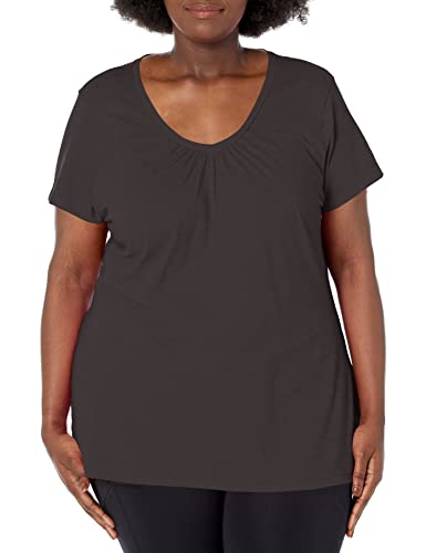 Just My Size Women's Short Sleeve Shirred V-Neck Tee, Black, 1X