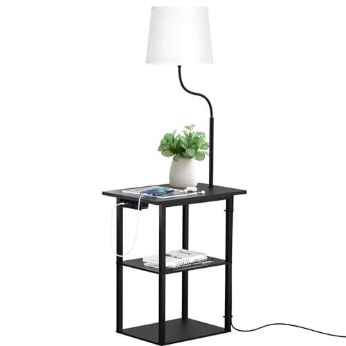 addlon Floor Lamp with Side Table, Nightstand with Charging Station, 3 Color Temperatures 9W LED Bulb, Floor Lamps for Living Room, Bedroom, Storage End Tables Living Room - Black