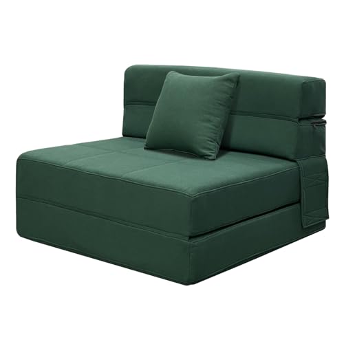 ANONER Memory Foam Fold Out Sofa Bed Couch with Pillow Twin Size Futon Sleeper Chair for Living Room Apartment, Dark Green