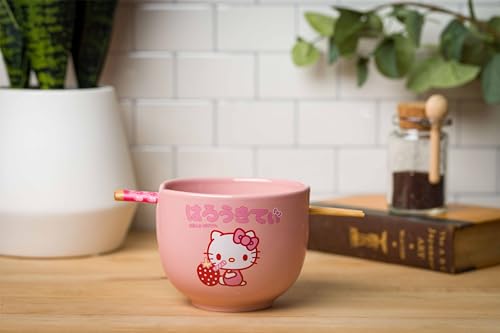 Silver Buffalo Sanrio Hello Kitty Strawberry Milk Japanese Character Ceramic Ramen Noodle Rice Bowl with Chopsticks, Microwave Safe, Pink, 20 Ounces