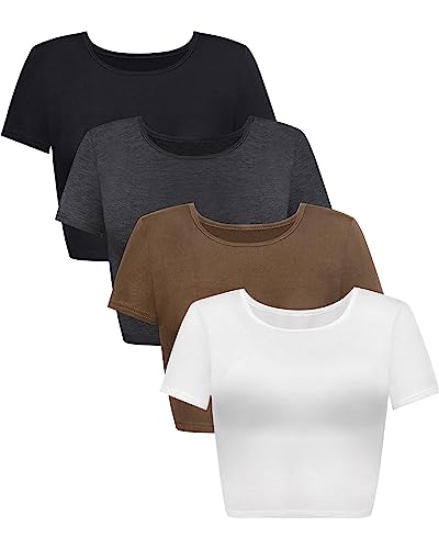 Syhood 4 Pack Summer Crop Tops for Women Basic Tight Short Sleeve Cute Trendy Scoop Neck Crop Tops for Women or Teen Girls(Medium,Black, White, Pink, Blue)