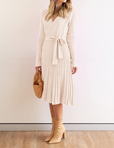 ZESICA Women's 2024 Fall Long Sleeve Wrap V Neck Ribbed Knit Pleated A Line Pullover Sweater Dress with Belt,Maple,Large