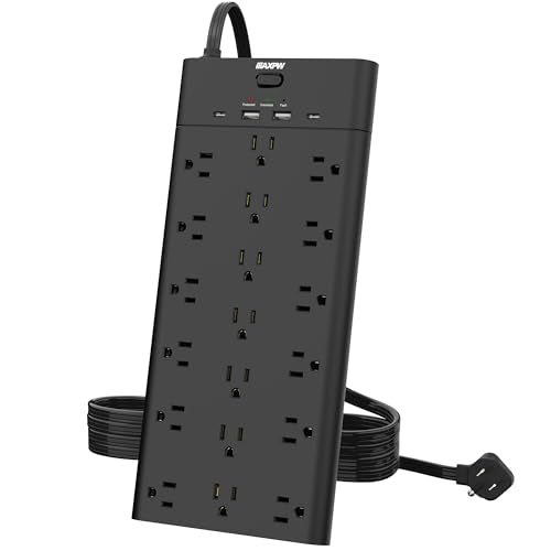 Power Strip Surge Protector Outlet Extender with 19 Outlets and 4 USB Ports (2 USB C), 6.5 Ft Extension Cord & Flat Plug, 2100 Joules, Wall Mount for Home, Office, Dorm, Black