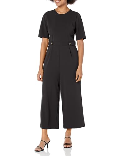 London Times Women's Leg Crew Neck Side Tab Cropped Jumpsuit Polished Versatile Chic Career, Black