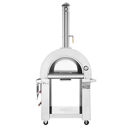 Empava Wood Fired Pizza Oven for Outside Stainless Steel Artisan Grill with Stand and Wheels Charcoal or Pellets Fueled, Built-in Thermometer, for Backyard, Camping, Patio, 32.5 Inch, Sliver