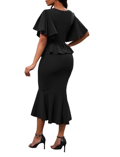 Ruffle Sleeve Fishtail Dress for Women Evening Elegant Cocktail Formal Peplum Midi Mermaid Dresses(Black Small)