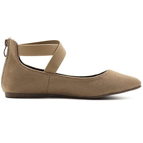 Ollio Women's Faux Suede Elastic Ankle Strap Pointed Toe Ballet Flats F167 (6.5 B(M) US, Beige)