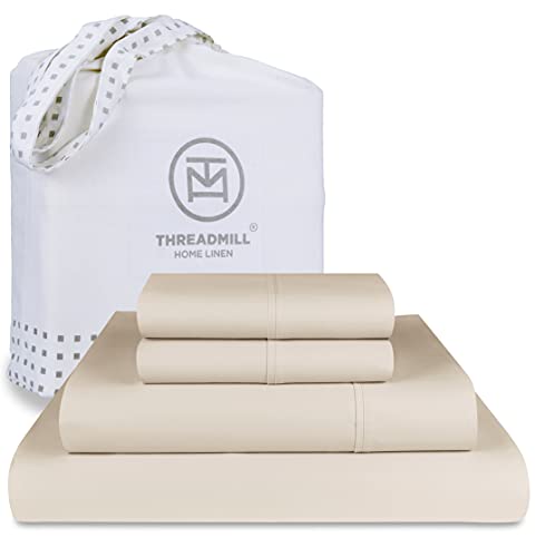 Threadmill Luxury Supima Cotton Sheets, Luxury 1000 Thread Count Soft 100% Cotton Sheets for Full Size Bed, 4 Pc Beige Bed Sheets Full Set, 5-Star Hotel Quality Elasticized Deep Pocket Bed Sheets Set