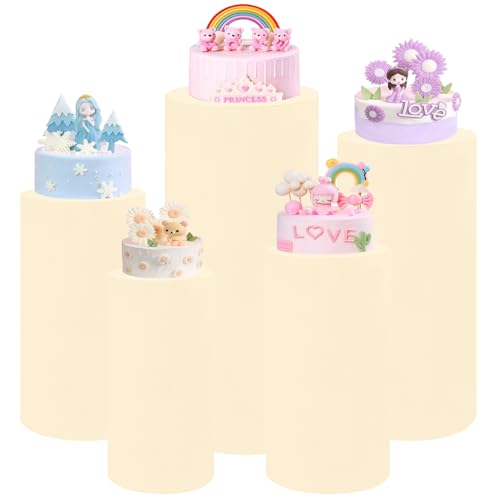 Set of 5 Spandex Cylinder Pedestal Stand Covers Beige Stretchable Cylinder Plinth Covers Dessert Table Display Pillars Cover for Wedding Props Baby Shower Birthday Party Event Decor