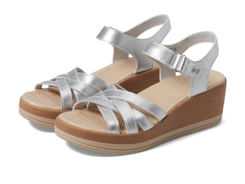 BZees Womens Rhythm Machine Washable Comfort Wedge Strappy Sandals White Fabric 9 M