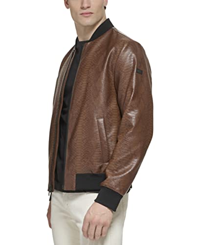 DKNY Men's Faux Leather Varsity Bomber Jacket, Varisty Brown Snake Embossed