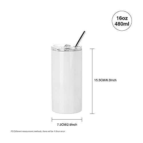 PYD Life Sublimation Blanks Tumbler Skinny 16 OZ Straight Stainless Steel Coffee Kids Tumbler with Lid and Metal Straw for Tumbler Heat Press Machine Sublimation Print 4 Pack