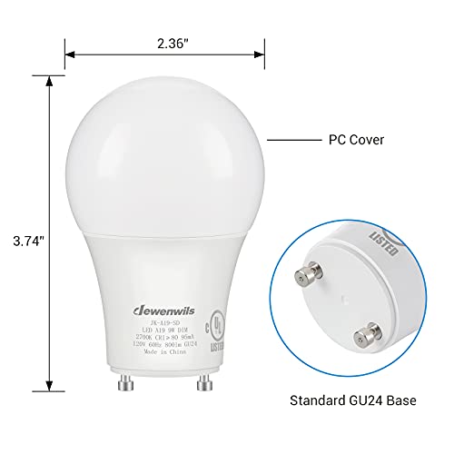 DEWENWILS GU24 LED Light Bulb, 60W Equivalent, Dimmable 2 Prong Light Bulbs, 2700K Warm White, 9W 800 Lumens, A19 Shape Bulbs, GU24 Twist Lock Base, UL Listed, 4 Pack