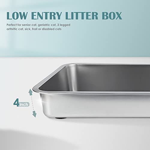 IKITCHEN Stainless Steel Cat Litter Box, Small Low Entry Open Metal Litter Pan for Kittens Newborn Cats Rabbits, Never Absorbs Odors 15.7" L x 11.7" W x 4" H