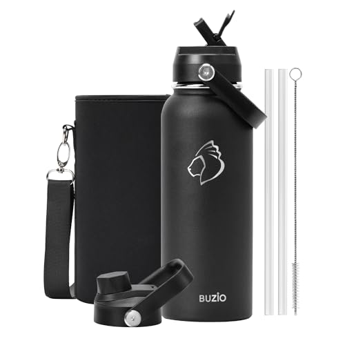 BUZIO 40oz Insulated Water Bottle, Stainless Steel Water Flask with Straw Lid and carrying pouch, Keep Cold 48h Leak Proof Double Wall Vacuum Travel Mug Metal Canteen for Gym Camp Beach, Black