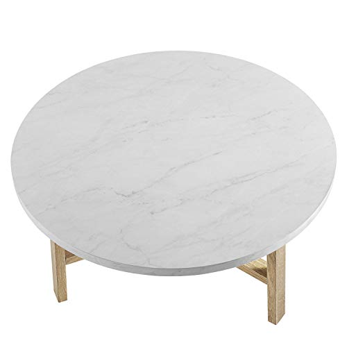 Walker Edison Mid Century Modern Round Coffee Table Living Room Accent Ottoman Storage Shelf, 30 Inch, Marble and Acorn