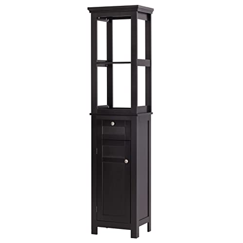 Spirich Bathroom Freestanding Storage Cabinet with Two Tier Open Shelves, Tall Slim Cabinet with Door and Drawer, Free Standing Linen Tower (Espresso)