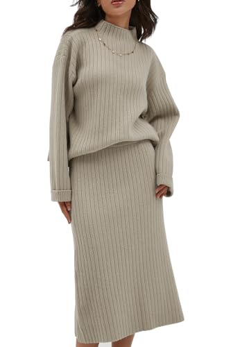 CHYRII Womens Fashion Two Piece Outfits Mock Neck Oversized Sweater Tops Skirt Sets Sweater Dress Lounge Sets Beige XS
