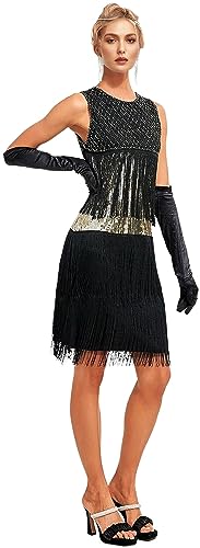 1920s Vintage Inspired Sequin Embellished Fringe Gatsby Flapper Tassel Dress w/ 20s Accessories Set Black Gold