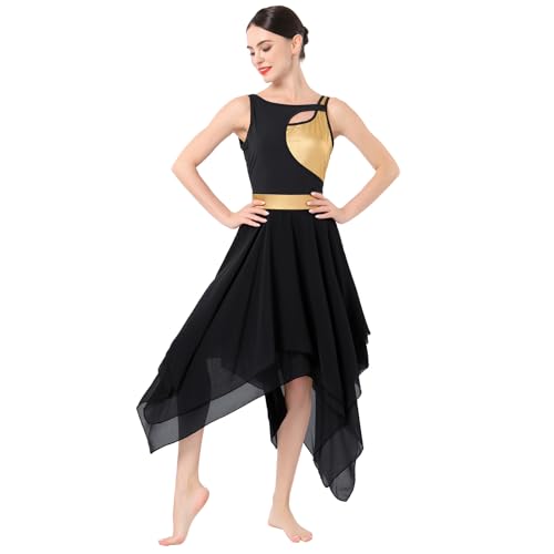 IBAKOM Lyrical Dance Dress for Women Gold Metallic Cutout Chiffon Tulle Contemporary Dance Costume Backless Flowy Skirt Salsa Ballroom Dance Dress Ballet Leotard Ballerina Costume Black XS