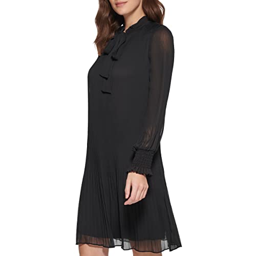 DKNY Women's Long Sleeve Tie Neck Pleated Dress, Black