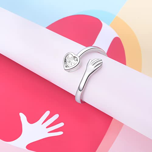 ACJFA 925 Sterling Silver Hug Ring for Women Teens I Love You Gifts for Her 12 Birthstones CZ Adjustable Ring Jewelry Mothers Day Birthday Holiday Gifts
