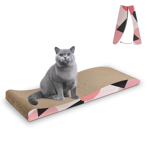 ComSaf Cat Scratcher Carboard Pad Long Curved Foldable 32"x10", Wide Kitty Cat Scratching Pad Recycle Corrugate Scratcher Cat Scratch Lounge Long Lasting Reversible