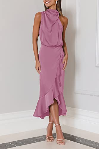 MITILLY Women's Satin Sleeveless Mock Neck Elastic Waist Bodycon Wrap Mermaid Hem Formal Cocktail Party Maxi Dress Small Dusty Rose
