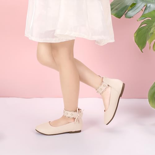 PANDANINJIA Girls Dress Shoes Flower Girl Beige Flats Pearls Ballet Bow Mary Jane Ankle Strap Sara Wedding Party Shoes for Toddler Little Big Kid, Size 4