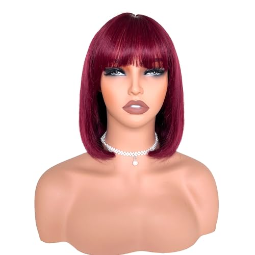 Atikual Bob Wig with Bangs Human Hair Wigs Glueless Wigs Straight Layered Bob Wigs with Bangs 3x1 Transparent Lace Bob Wigs for Women 8Inch 99J