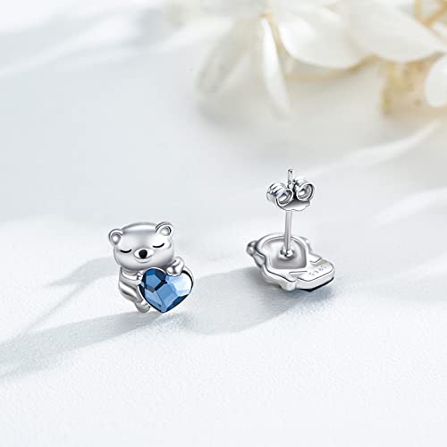 Bear Earrings 925 Sterling Silver Blue Heart Crystal Bear Studs Tiny Little Bear Polar Earrings Bear Jewelry Gifts for Women Bear Polar Lover Mother's Day