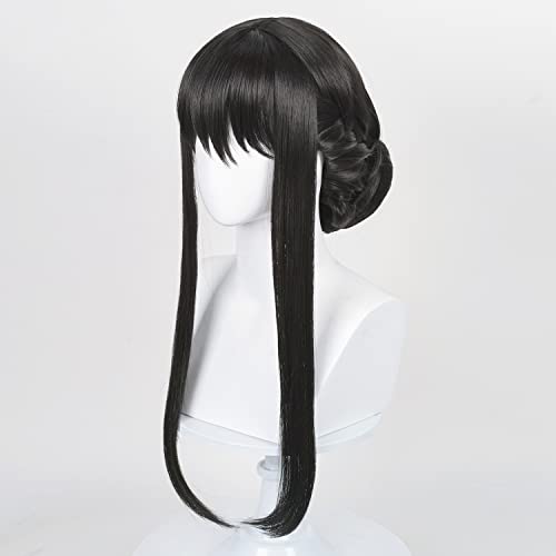 LABEAUTÉ Black Wig for with Bun Anime Straight Black Wig with Bangs Halloween Costume Party Wig + Wig Cap (Black)