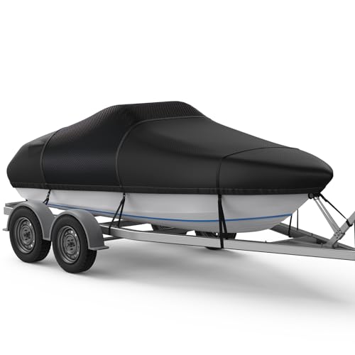 RVMasking Middle 1200D Reinforced Boat Cover with Storage Bag Trailerable Marine Grade Waterproof Boat Cover Fits Bass Boat, V-Hull, Runabout, Length: 14'-16', Beam Width up to 90", Black