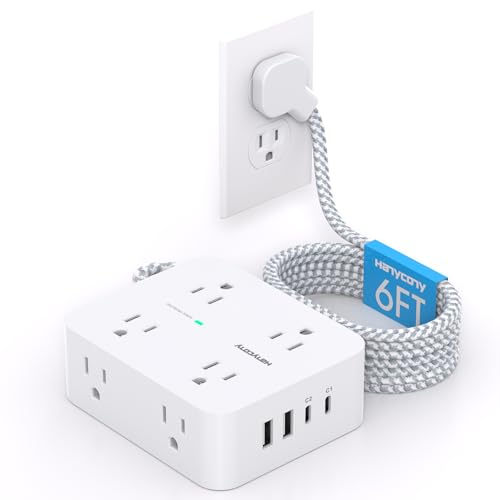 PD 30W USB C Power Strip Surge Protecor, 8 Outlets 4 USB Fast Charger (2 USB C Ports), 1080J Desk Charging Station for Multiple Devices, 6 Ft Flat Plug Extension Cord for College Dorm Room Essentials