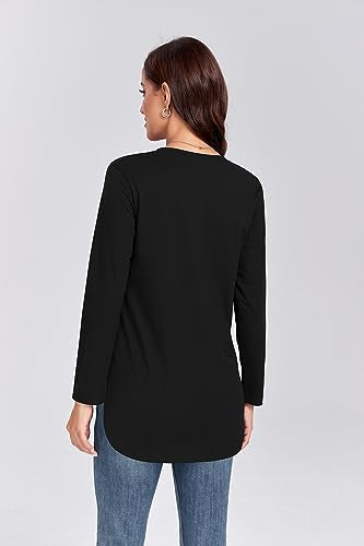 M T 4 YOU Women's Long Sleeve Cotton Shirt Round Neck Basic Casual Top Fall Trendy Tunic Outfits Fitted T Shirts Black