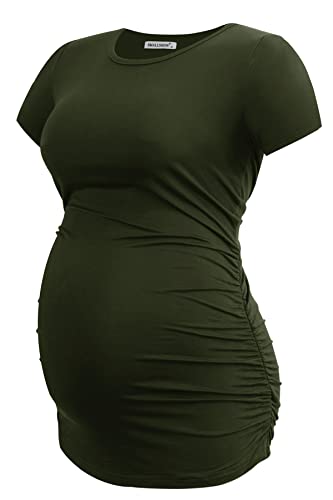 Smallshow Women's Maternity Tops Side Ruched Tunic T-Shirt Pregnancy Clothes Medium Army Green-Black-Burgundy