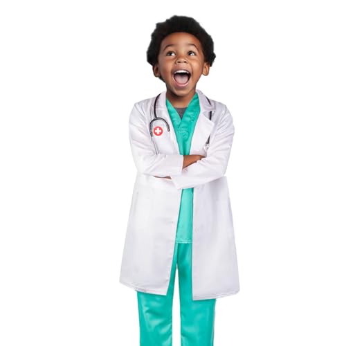 Meland Doctor Costume for Kids - Kids Scrubs with Lab Coat & Carry Bag, Doctor Dress Up for Halloween, Career Day Role Play(Green,3-4 Years)