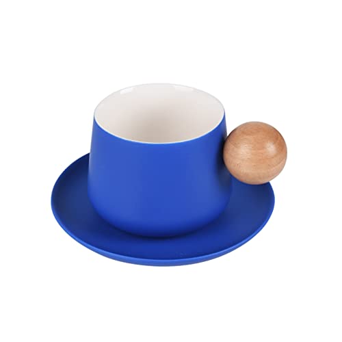 Koythin Ceramic Coffee Mug with Saucer Set, Cute Creative Cup with Round Wooden Handle Design for Office and Home, 10 oz/300 ml for Latte Tea Milk (Bright Blue)