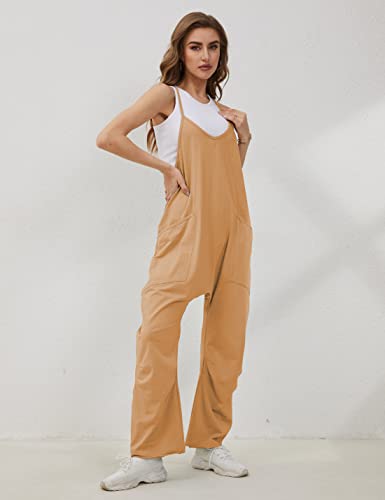 UANEO Women's Casual Jumpsuits Sleeveless Harem Stretchy Loose Overalls Romper Jumpers with Pockets (LightKhaki-L)