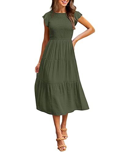 MEROKEETY Women's Flutter Short Sleeve Smocked Midi Dress Summer Casual Tiered A-Line Dress,ArmyGreen,M