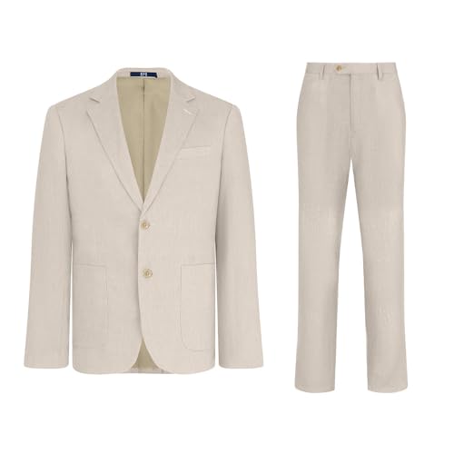 1PA1 Men's 2 Piece 100% Linen Slim Fit Suit Two Buttons Suit Jacket Blazer & Suit Pants Set Solid Business Suits (31008 Navy L)