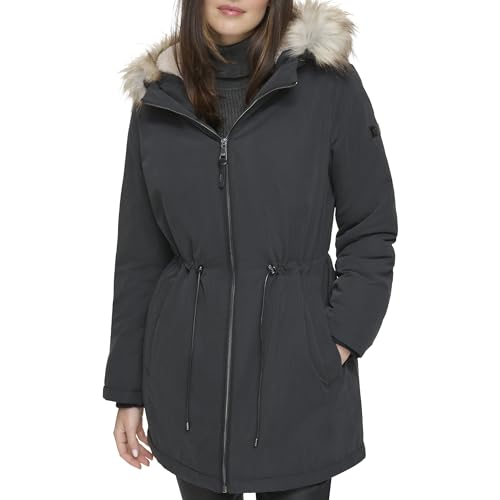 DKNY Women's Anorak Coat, Faux Fur Trim Black