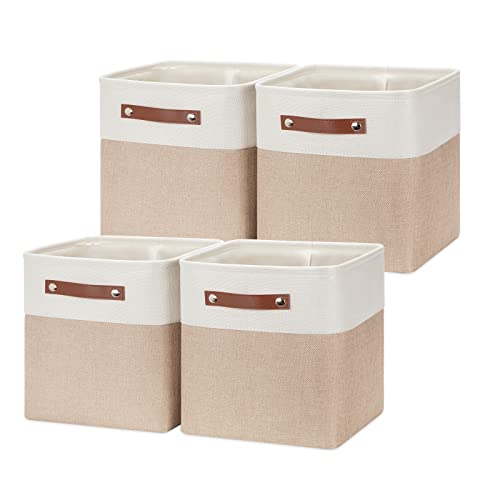 HNZIGE Foldable Storage Cubes Baskets for Organizing Set of 4, Fabric Cube Storage Bins 11 x11, Collapsible Storage Basket Bins Cube with Handles for Shelves Home Nursery(White Beige)