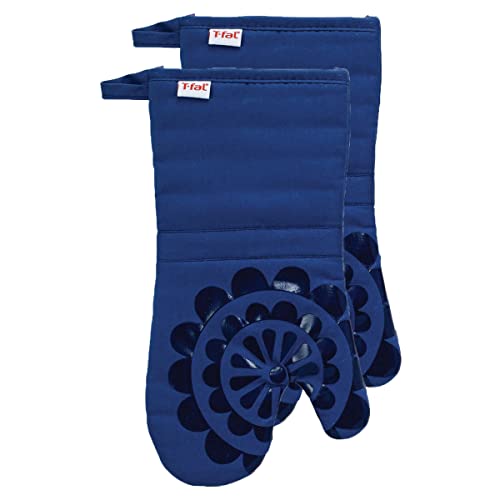 T-fal 4-Pack Medallion Design 100% Cotton and Silicone Oven Mitt & Pot Holder Set - Heat-Resistant Silicone Grip - Blue