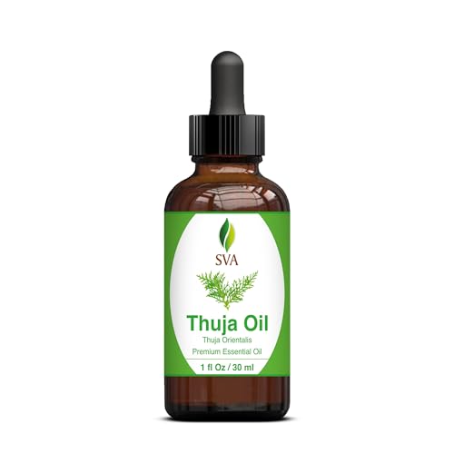 SVA Thuja Essential Oil – 1 Fl Oz – 100% Natural Thuja Oil - for Diffuser, Hair Care, Face, Skin Care, Aromatherapy, Scalp and Body Massage, Soap and Candle Making - with Dropper