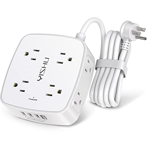 6 Ft Surge Protector Power Strip - 8 Widely Outlets with 4 USB Ports, 3 Side Outlet Extender with 6 Feet Extension Cord, Flat Plug, Wall Mount, Desk USB Charging Station, ETL,Black