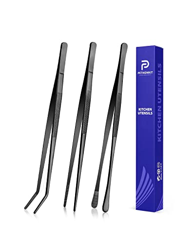 3 Pcs Kitchen Long Tweezers Tongs, 10 In Stainless Steel Fine Tweezers Set, Professional Food Tweezers Tongs for Cooking, Baking, Repairing, Pet Feeding, Art(BLACK)
