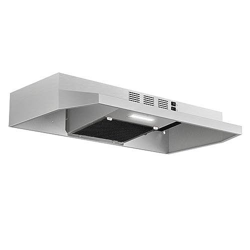 Range Hood 30 inch Under Cabinet, Stainless Steel Kitchen Vent Hood 280CFM, Built-in Kitchen Stove Hood w/Rocker Button Control, Ducted/Ductless Convertible Duct, 2 Speeds Fan, Bright LED Light