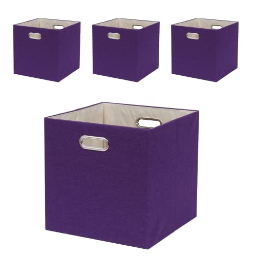 Fboxac Cube Storage Bins 13×13 Linen Foldable Box with Handles, Collapsible Organization Basket Set of 4 Large Capacity Drawer for Closet Shelf Cabinet Bookcase Bedroom, Beige Sepia